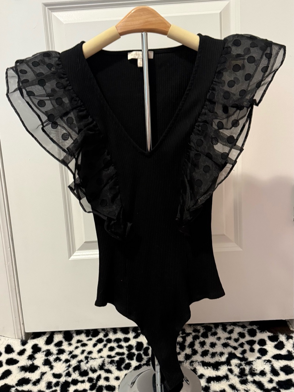 Flying Tomato Black Polka Dot Ruffle Sleeve V-Neck Bodysuit